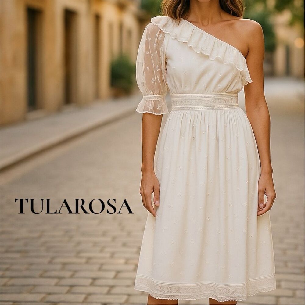 Tularosa Ibiza Vintage Inspired Boho Chic Sheer Flowy One-Shoulder Ivory Dress